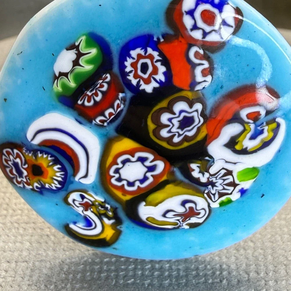 Vintage Millefiori Murano Glass Silver Tone‎ Cuff Bracelet Blue Floral Statement